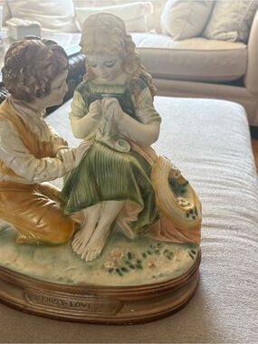 First Love Porcelain Boy and Girl Sewing in Green and Yellow
